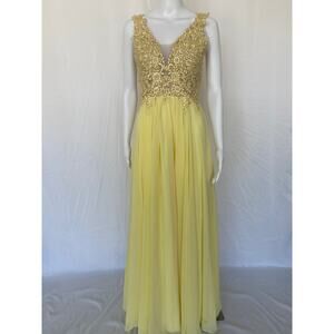 A-line V-Neck Floral Floor Length Prom Dress- Yellow